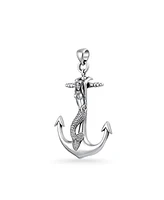 Bling Jewelry Nautical Large Anchor Dangling Sea Siren Mermaid Necklace Pendant For Women Oxidized Sterling Silver