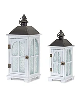 Slickblue White Wood Lantern With Ornate Frosted Glass (Set of 2)