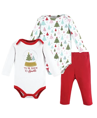 Hudson Baby Girls Long-Sleeve Bodysuits and Pants, Red Sparkle Trees