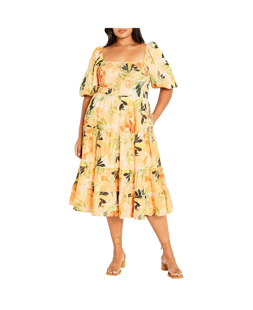 City Chic Plus Ariella Puff Sleeves Tier Print Dress