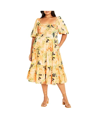 City Chic Plus Ariella Puff Sleeves Tier Print Dress