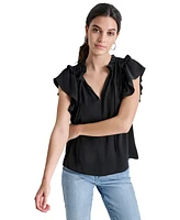 Dkny Jeans Women's Ruffle-Trim Split-Neck Top