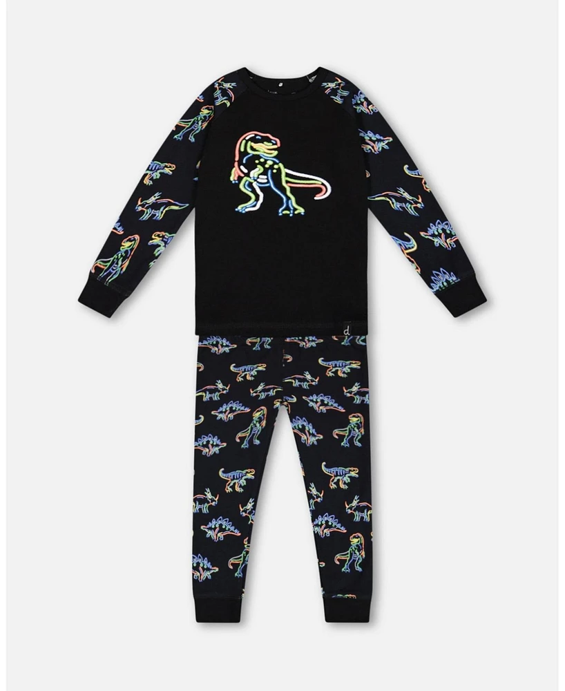 Deux par Toddler Boys Organic Cotton Two Piece Pajama Set Black Printed Neon Dino - Toddler|Child