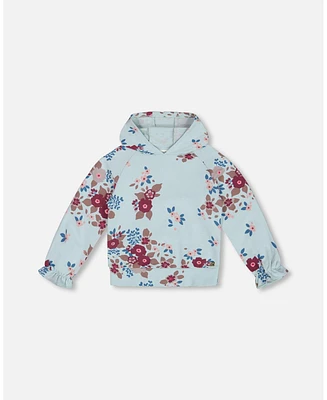 Deux par Big Girls Fleece Hoodie Light Blue Printed Flowers