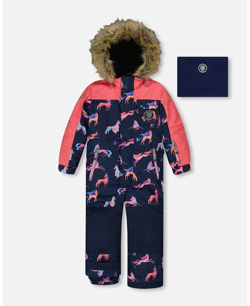 Deux par Big Girls One Piece Snowsuit Navy Printed Unicorn