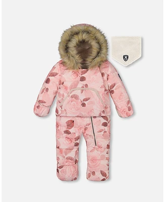 Deux par Baby Girl One Piece Hooded Snowsuit Printed Roses Designed For Car Seat - Infant|Toddler