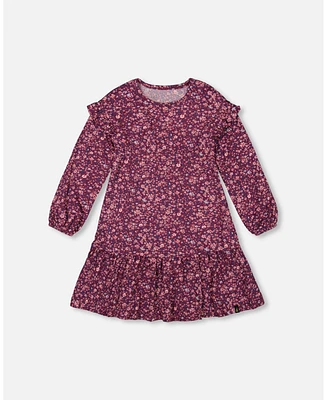 Deux par Big Girls Dress With Frills Burgundy Printed Flowers