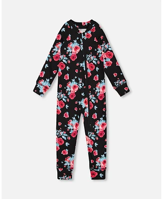 Deux par Baby Girls One Piece Thermal Underwear Black Printed Roses