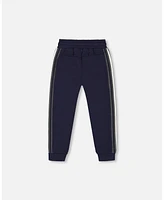 Deux par Big Boys Fleece Sweatpants With Contrast Side Rib Navy