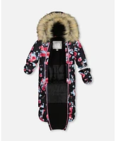 Deux par Baby Girls One Piece Snowsuit Black Printed Roses Designed For Car Seat - Infant|Toddler