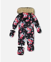 Deux par Baby Girls One Piece Snowsuit Black Printed Roses Designed For Car Seat - Infant|Toddler