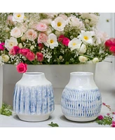 Slickblue Ribber Ceramic Vase With Washed Blue Finish (Set of 2)