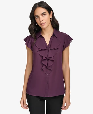 Calvin Klein Petite Solid Ruffle-Front Cap-Sleeve Blouse