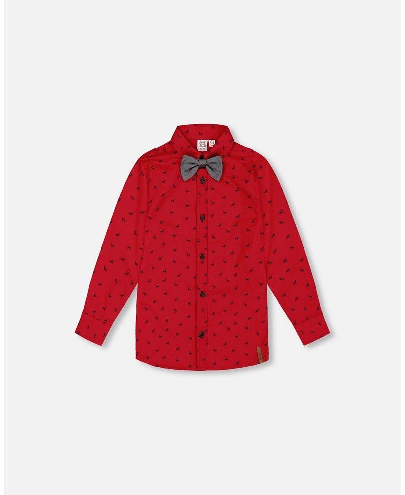 Deux par Big Boys Printed Reindeer Poplin Shirt With Bow Tie Red