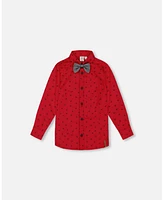 Deux par Big Boys Printed Reindeer Poplin Shirt With Bow Tie Red