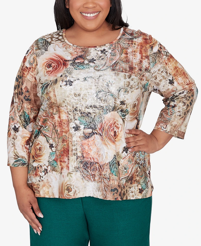 Alfred Dunner Plus Emerald Isle Women's Center Lace Floral Print Top