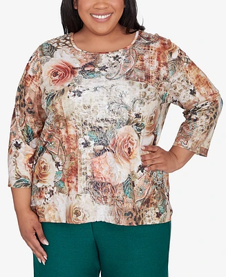 Alfred Dunner Plus Emerald Isle Center Lace Floral Print Top