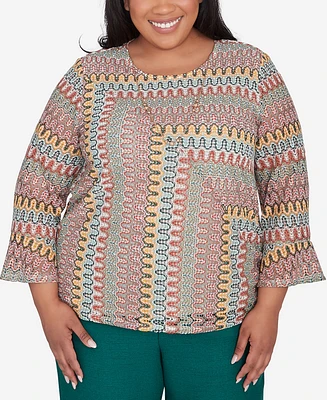 Alfred Dunner Plus Emerald Isle Spliced Texture Drawstring Hem Top