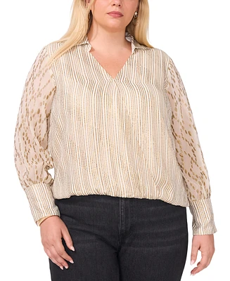 Vince Camuto Plus Size V-Neck Collared Long-Sleeve Blouse