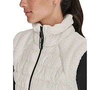 Dkny Women's Horizontal Channel Quilted Mock Neck Puffer Vest with Sherpa