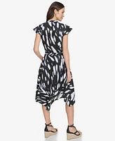 Dkny Women's Printed Tie-Waist Asymmetrical-Hem Linen Dress