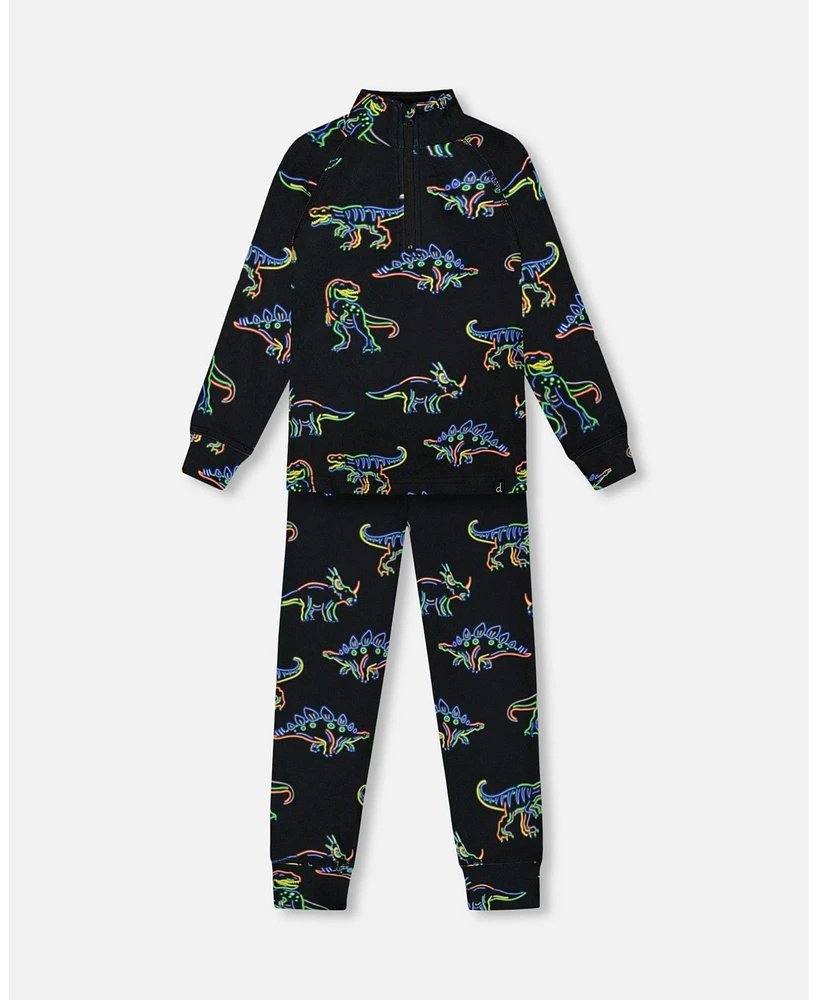 Deux par Big Boys Two Piece Thermal Underwear Set Black Printed Neon Dino