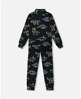 Deux par Big Boys Two Piece Thermal Underwear Set Black Printed Neon Dino