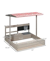 Outsunny Kids Sandbox with Canopy Adjustable, Wooden Sandbox Backyard Toy with Kitchen Playset Accessories