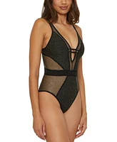 Becca Women's Network Metallic Mesh Plunge-Neck One-Piece Swimsuit