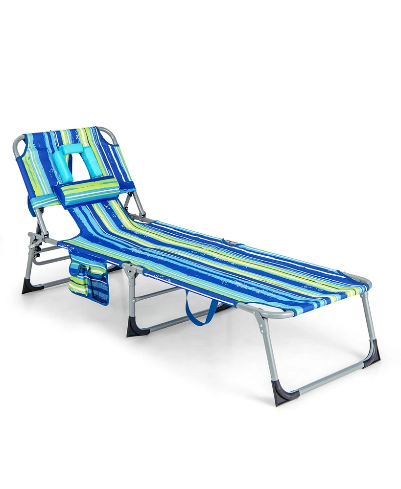 Gymax Goplus Outdoor Beach Lounge Chair Folding Chaise Lounge w/ Pillow Blue & Green