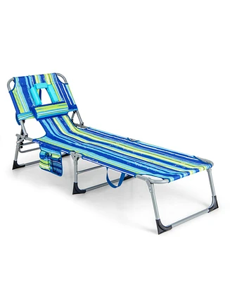 Gymax Goplus Outdoor Beach Lounge Chair Folding Chaise Lounge w/ Pillow Blue & Green