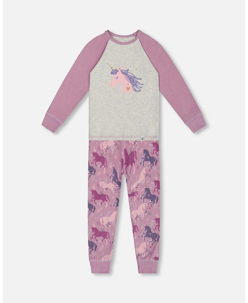 Deux par Little Girls Organic Cotton Two Piece Pajama Set Mauve Printed Unicorns - Toddler|Child