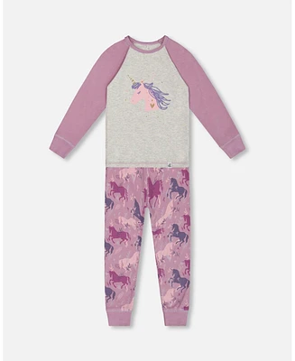 Deux par Little Girls Organic Cotton Two Piece Pajama Set Mauve Printed Unicorns - Toddler|Child