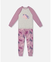 Deux par Little Girls Organic Cotton Two Piece Pajama Set Mauve Printed Unicorns - Toddler|Child