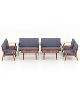 Gymax 8PCS Conversation Set Acacia Wood Sofa Coffee Table w/ Cushioned Seat Patio