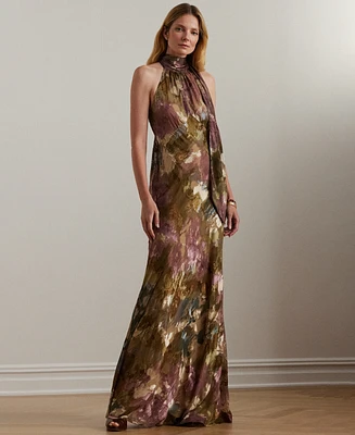 Lauren Ralph Women's Floral Satin Halter Gown