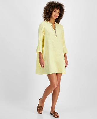 Charter Club Women's Linen Embellished Split-Neck Mini Dress, Created for Macy's