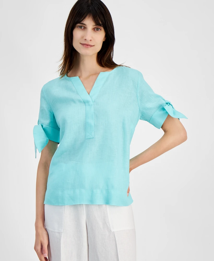 Charter Club Women's 100% Linen Split-Neck Tie-Cuff Top, Created for Macy's