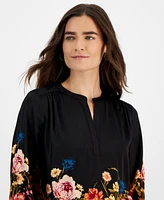 Jm Collection Women's Printed Satin Split Neck Blouse, Created for Macy's