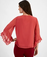 Jm Collection Petite Ruffled 3/4-Sleeve Necklace Top, Created for Macy's