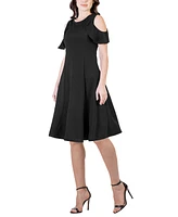 24seven Comfort Apparel Ruffle Cold Shoulder a Line Knee Length Dress