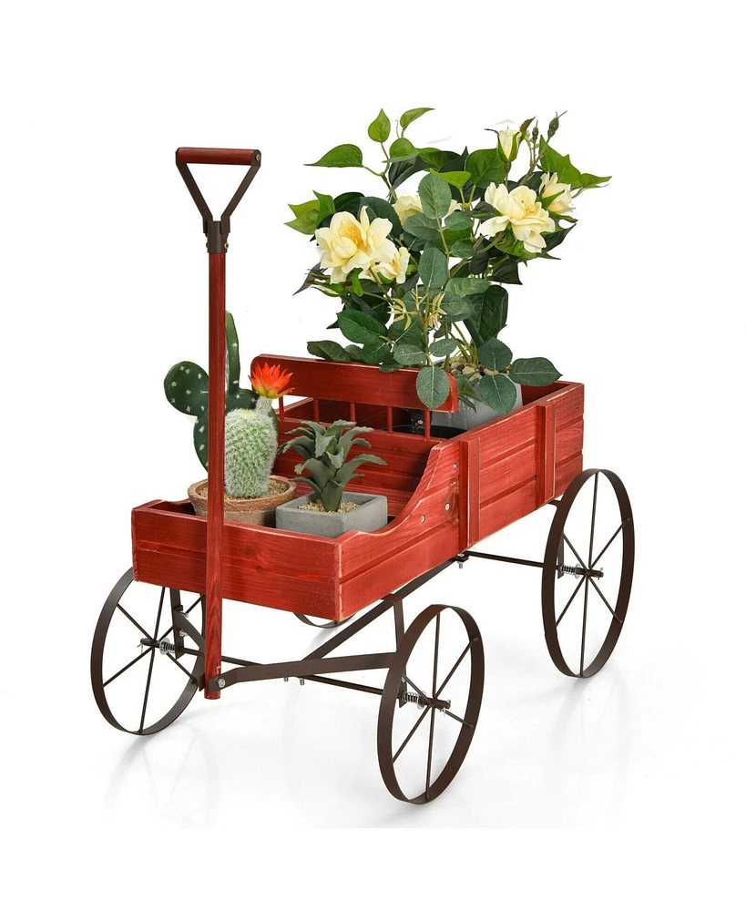 Sugift Wooden Wagon Plant Bed with Metal Wheels for Garden Yard Patio