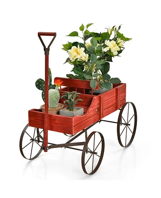 Sugift Wooden Wagon Plant Bed with Metal Wheels for Garden Yard Patio