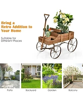 Sugift Wooden Wagon Plant Bed with Metal Wheels for Garden Yard Patio