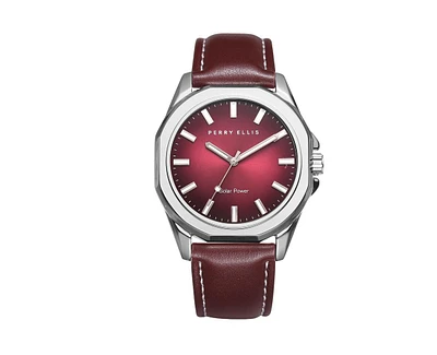 Perry Ellis Men's Solar Powered Silver Tone Burgandy Dial Sunburst Strap Watch