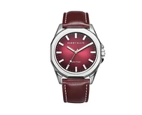 Perry Ellis Men's Solar Powered Silver Tone Burgandy Dial Sunburst Strap Watch
