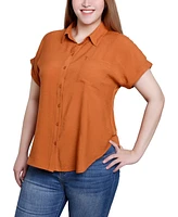 Ny Collection Short Sleeve Woven Front-Jersey Back Top