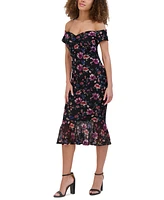 Siena Women's Off-the-Shoulder Printed Floral Lace Midi Dress