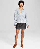 Now This Womens Wavy Knit Raglan Sleeve Cardigan Distressed Faux Leather Mini Skirt Created For Macys