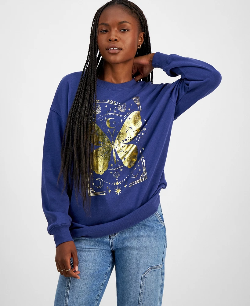 Rebellious One Juniors' Metallic Butterfly Graphic Sweatshirt